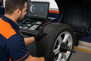 Máquina de balanceamento de rodas sendo utilizada em uma borracharia.