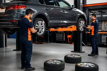 Mecânico realizando rodízio de pneus de um veículo na borracharia.