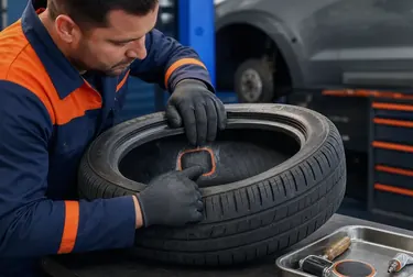 Técnico consertando pneus em uma borracharia.