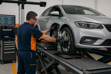 Técnico realizando alinhamento de rodas de um carro na borracharia.