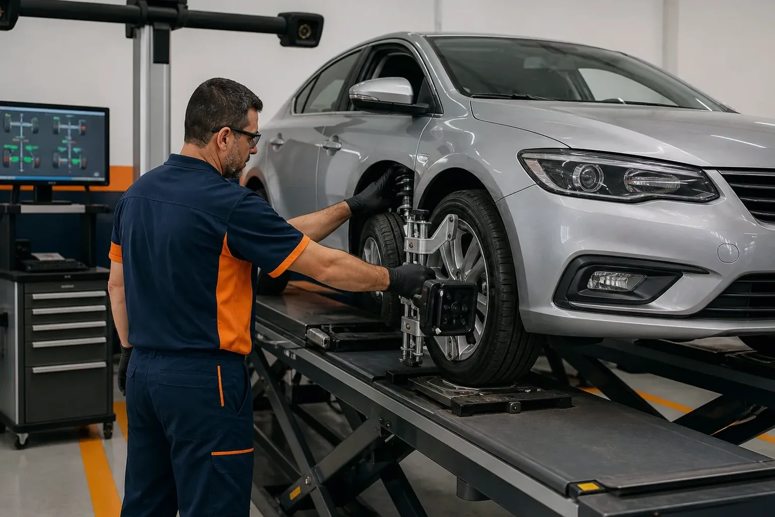 Técnico realizando alinhamento de rodas de um carro na borracharia.