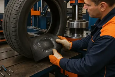 Técnico realizando vulcanização em um pneu na borracharia.